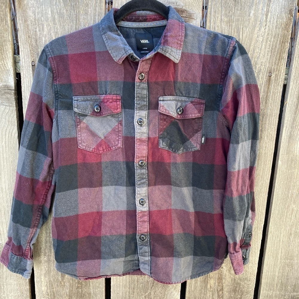 Kid's VANS Multicolor Plaid Button Flannel Shirt L Grunge Skateboard Punk 90s